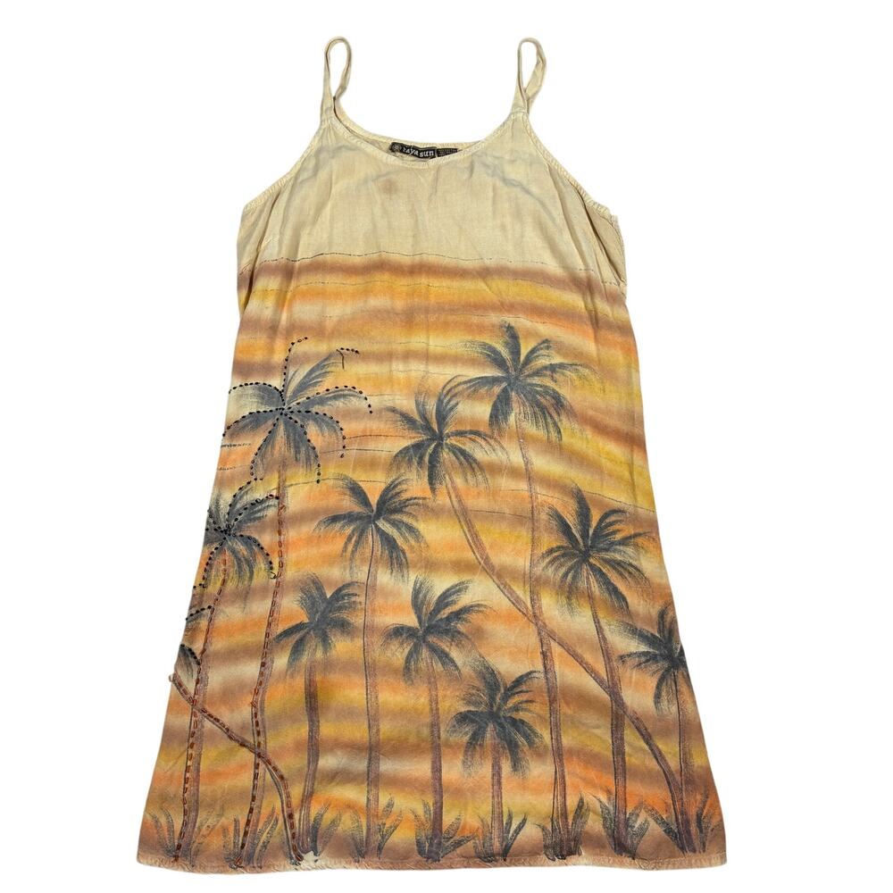 Raya Sun Dress 8 Yellow Tropical Palm Tree Slip Beach Sundress Boho Summer